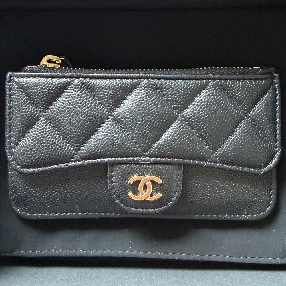 CHANEL Black Quilted Card Holder Wallet with Gold CC